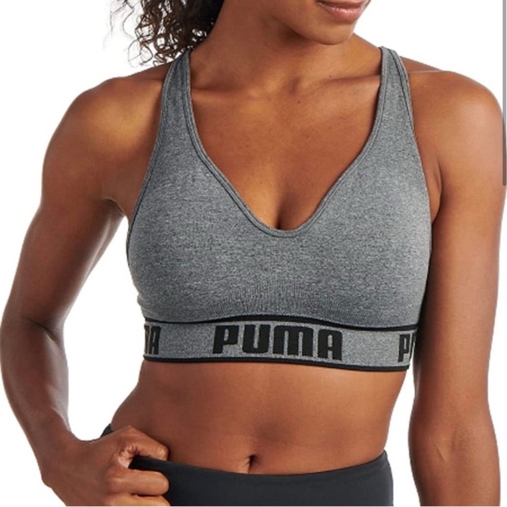 PUMA Women's Size M Sports Bra Adjustable Back, Padded Grey Black Logo Stretch